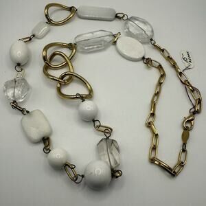 Vintage AV Max Statement Necklace Clear Milky Quartz Gold Tone Paper Clip 32”